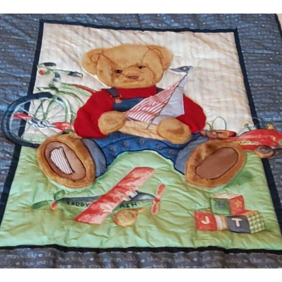 VTG Baby Quilt by BJT Blue Jean Teddy Bear 3D Plush Teddy Boat/Bike/Plane/Car - Picture 1 of 13